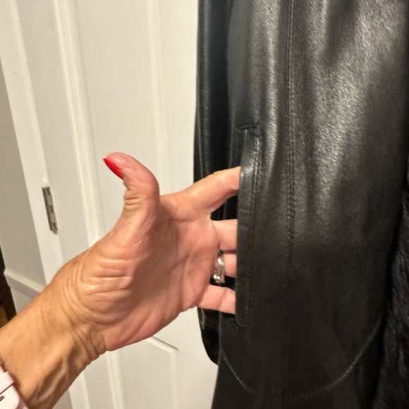 Black Lamb Leather Vintage Coat with Black Fox Tuxedo Trim. Alaskan Fur Co. - Picture 6 of 12